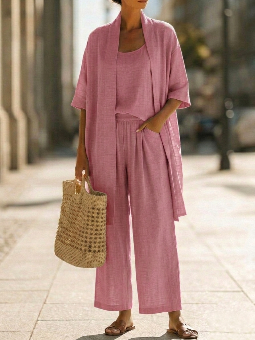 Ensemble Femme Trois Pièces En Lin Et Coton Coupe Décontractée