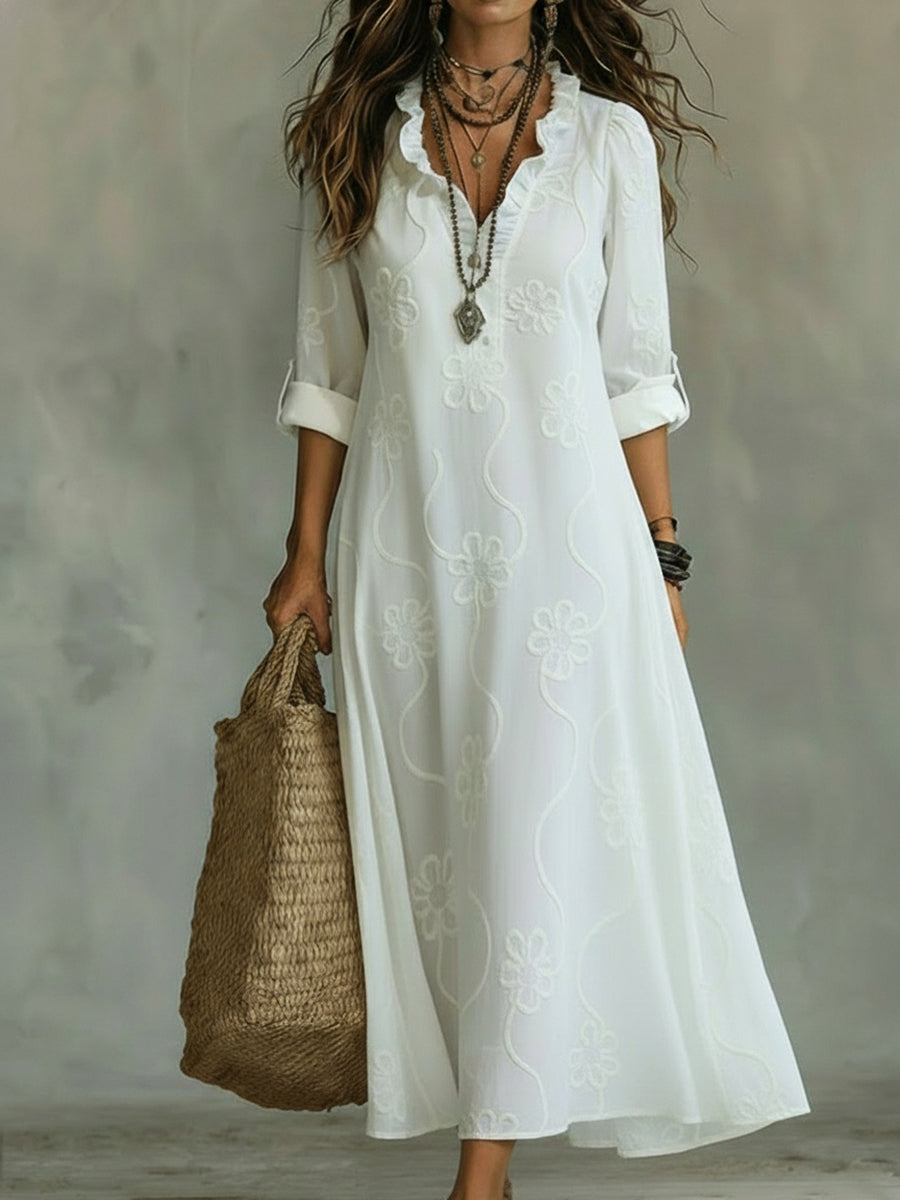 Robe rétro trapèze fleurie à col volanté pour femme