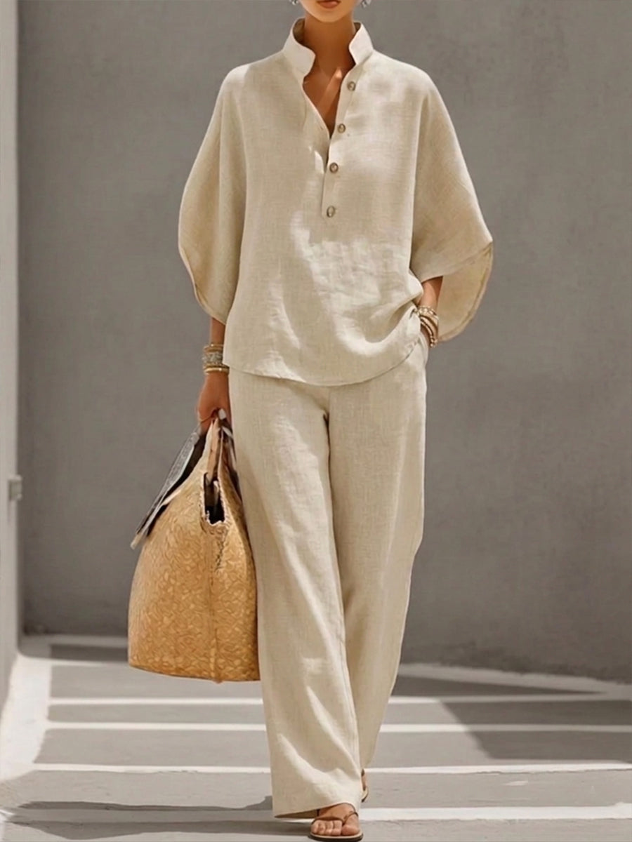 Ensemble Femme En Lin Et Coton Pantalon Large Manches Chauve-Souris