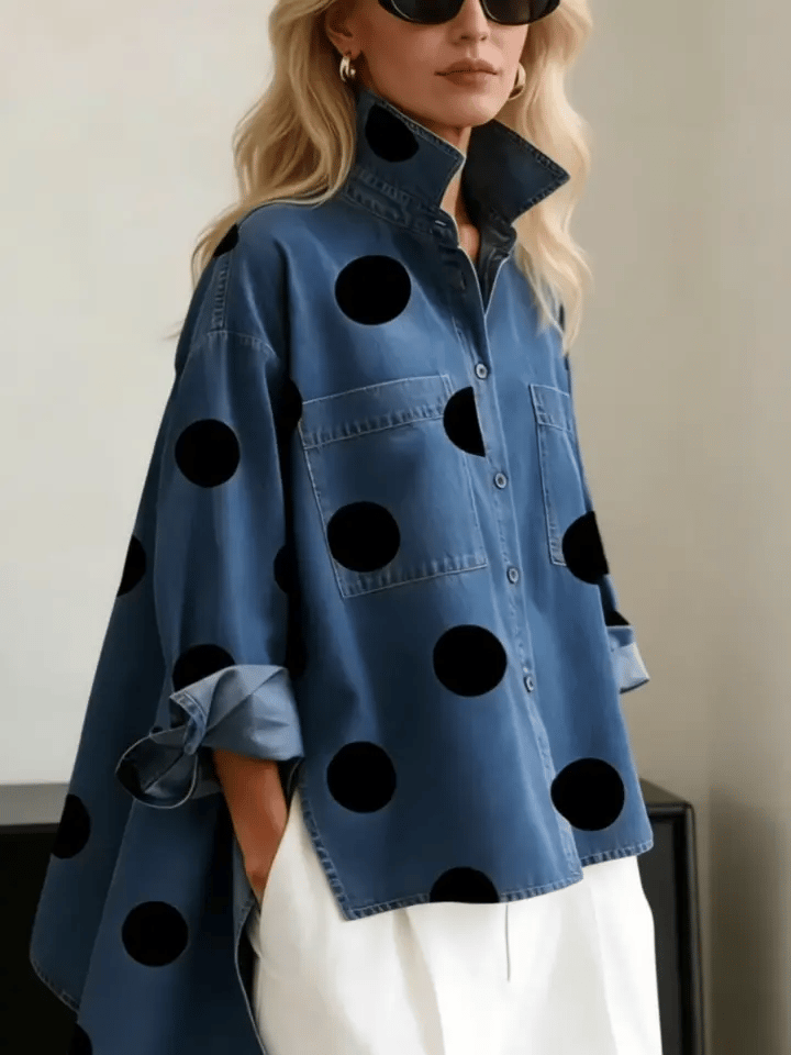Top En Denim Femme À Pois Et Col Montant