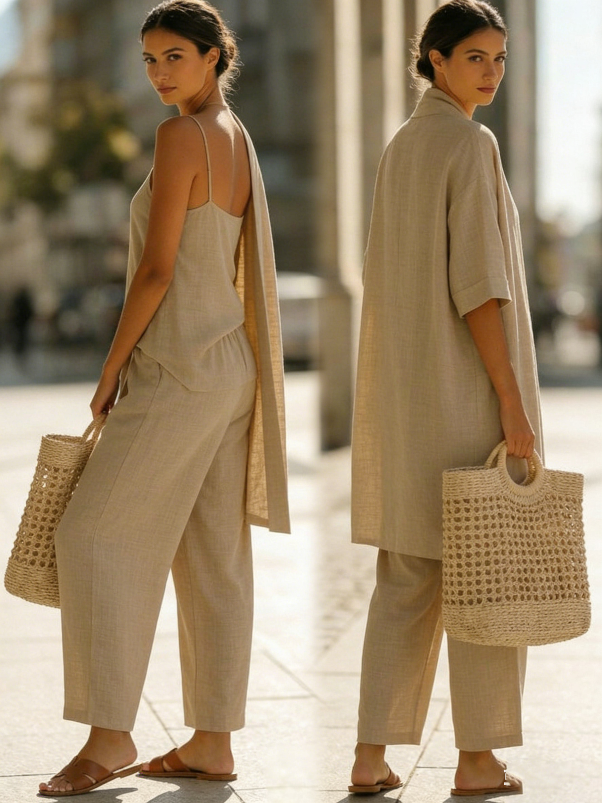 Ensemble Femme Trois Pièces En Lin Et Coton Coupe Décontractée