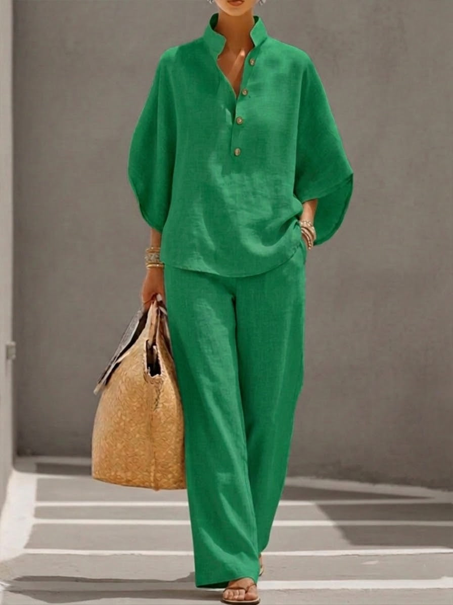 Ensemble Femme En Lin Et Coton Pantalon Large Manches Chauve-Souris
