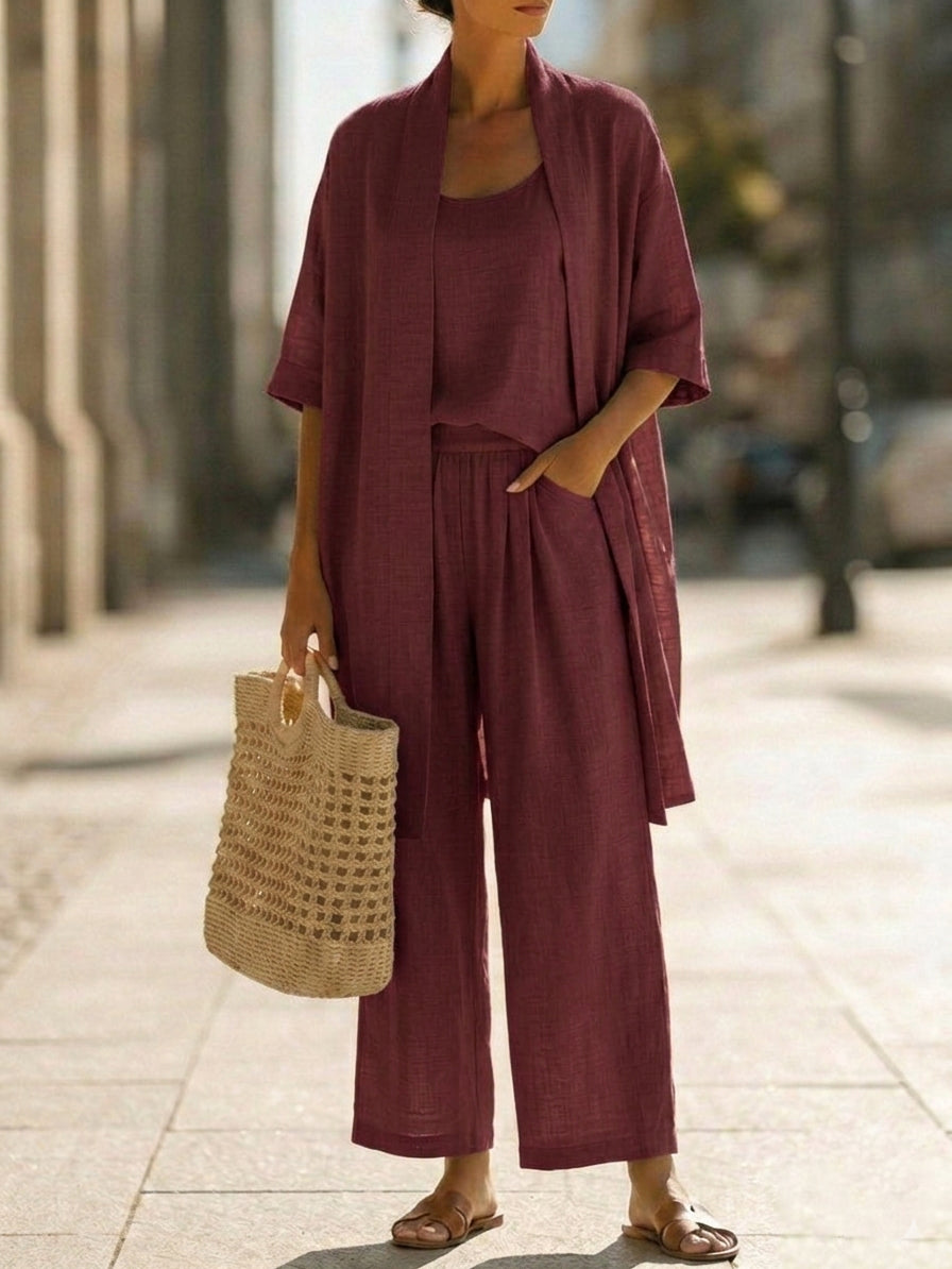 Ensemble Femme Trois Pièces En Lin Et Coton Coupe Décontractée