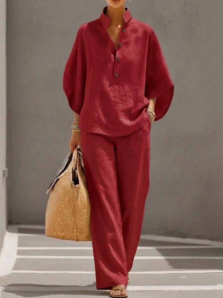 Ensemble Femme En Lin Et Coton Pantalon Large Manches Chauve-Souris