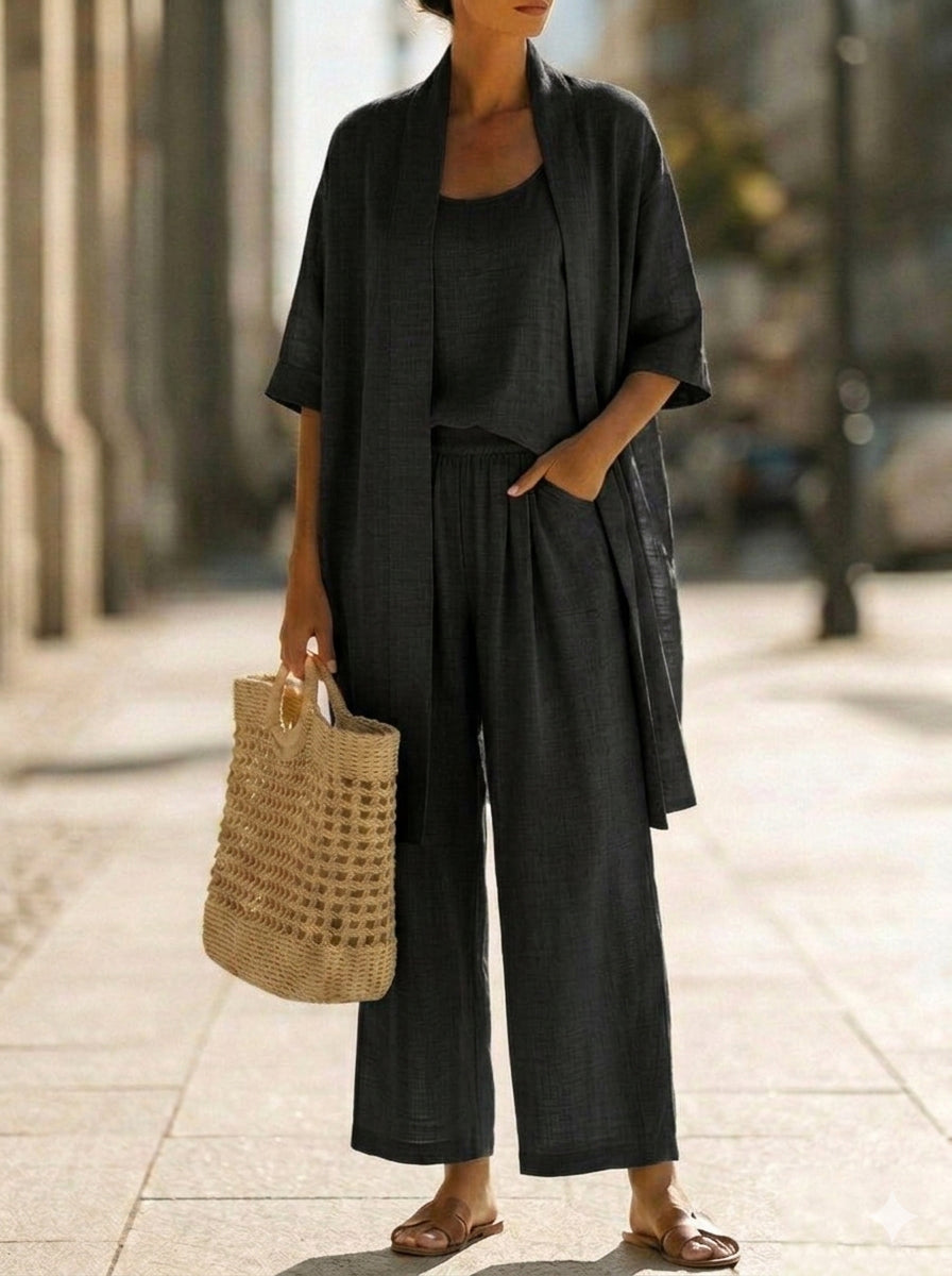 Ensemble Femme Trois Pièces En Lin Et Coton Coupe Décontractée