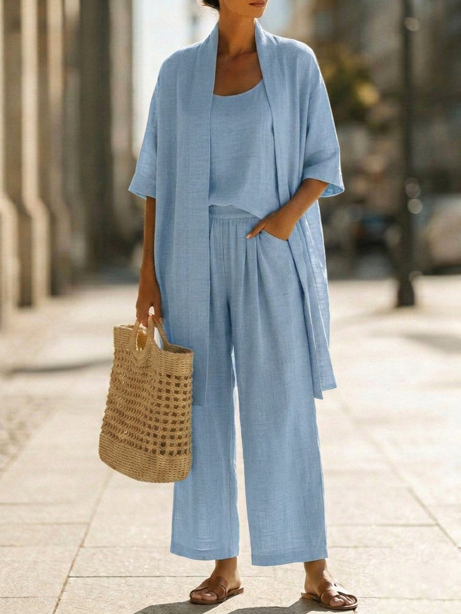 Ensemble Femme Trois Pièces En Lin Et Coton Coupe Décontractée