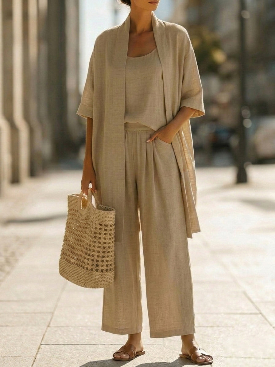 Ensemble Femme Trois Pièces En Lin Et Coton Coupe Décontractée