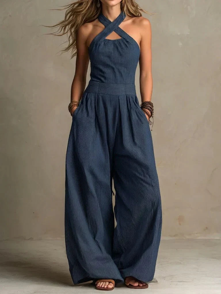 Combinaison fluide à col croisé et jambes larges pour femme