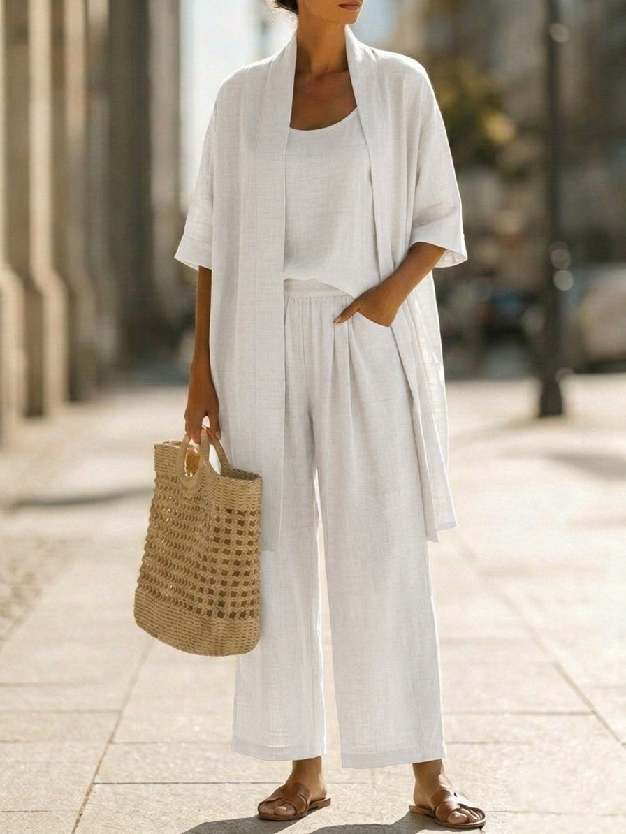 Ensemble Femme Trois Pièces En Lin Et Coton Coupe Décontractée
