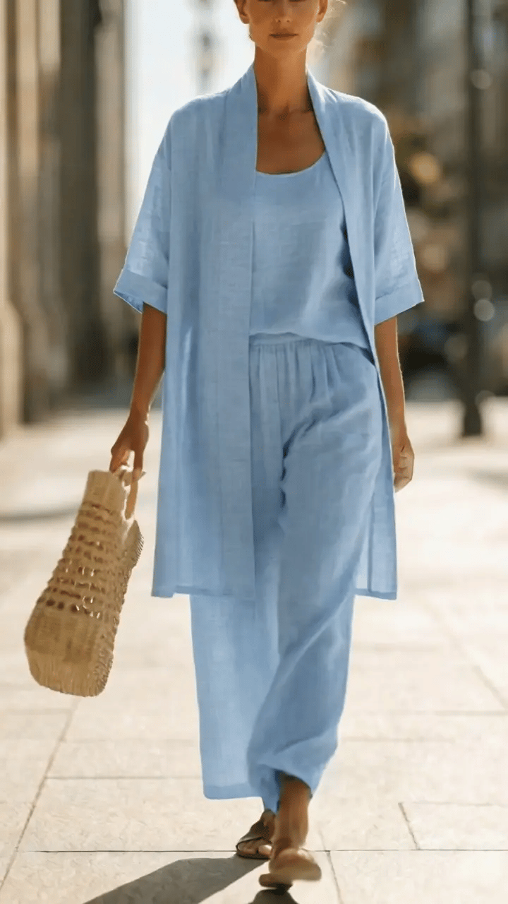 Ensemble Femme Trois Pièces En Lin Et Coton Coupe Décontractée
