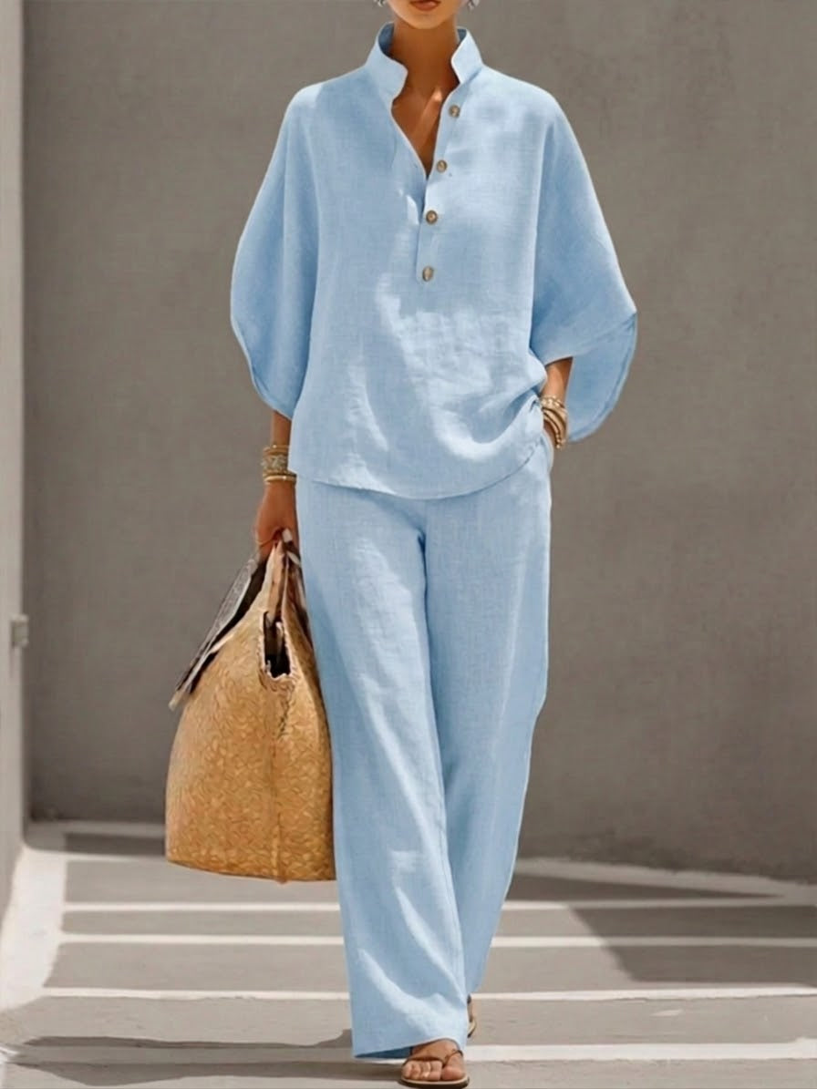 Ensemble Femme En Lin Et Coton Pantalon Large Manches Chauve-Souris