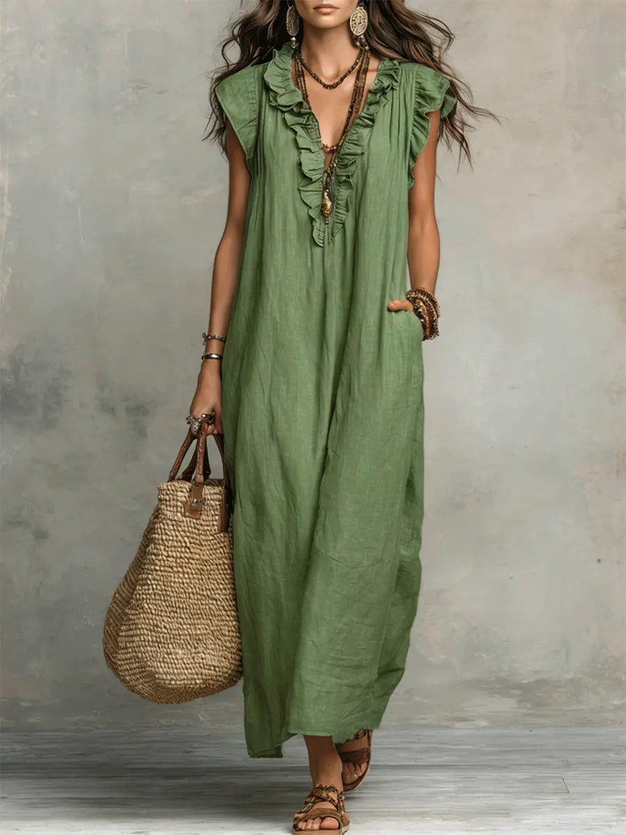 Robe longue bohème en lin et coton pour femme