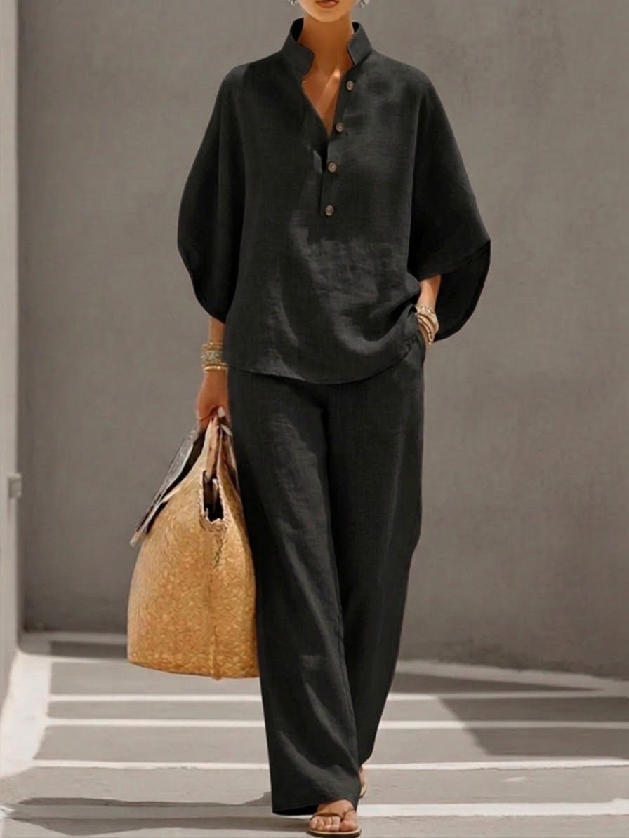 Ensemble Femme En Lin Et Coton Pantalon Large Manches Chauve-Souris