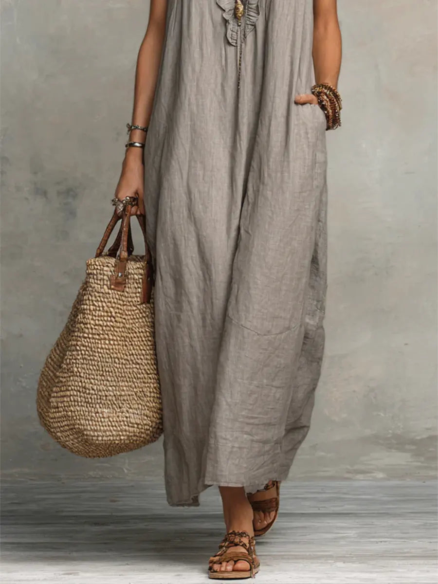 Robe longue bohème en lin et coton pour femme