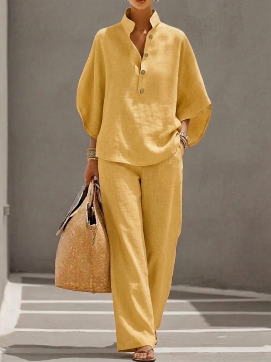 Ensemble Femme En Lin Et Coton Pantalon Large Manches Chauve-Souris
