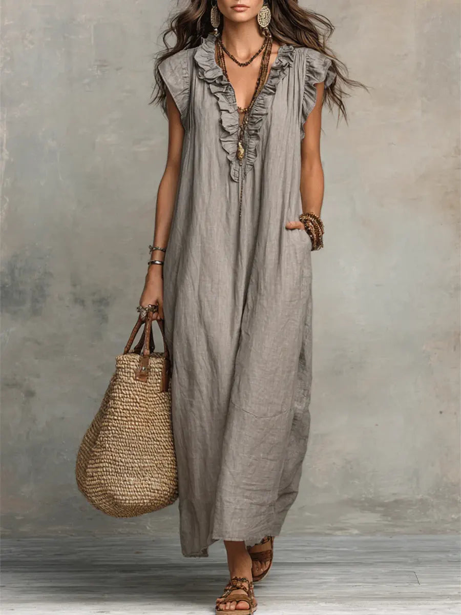Robe longue bohème en lin et coton pour femme