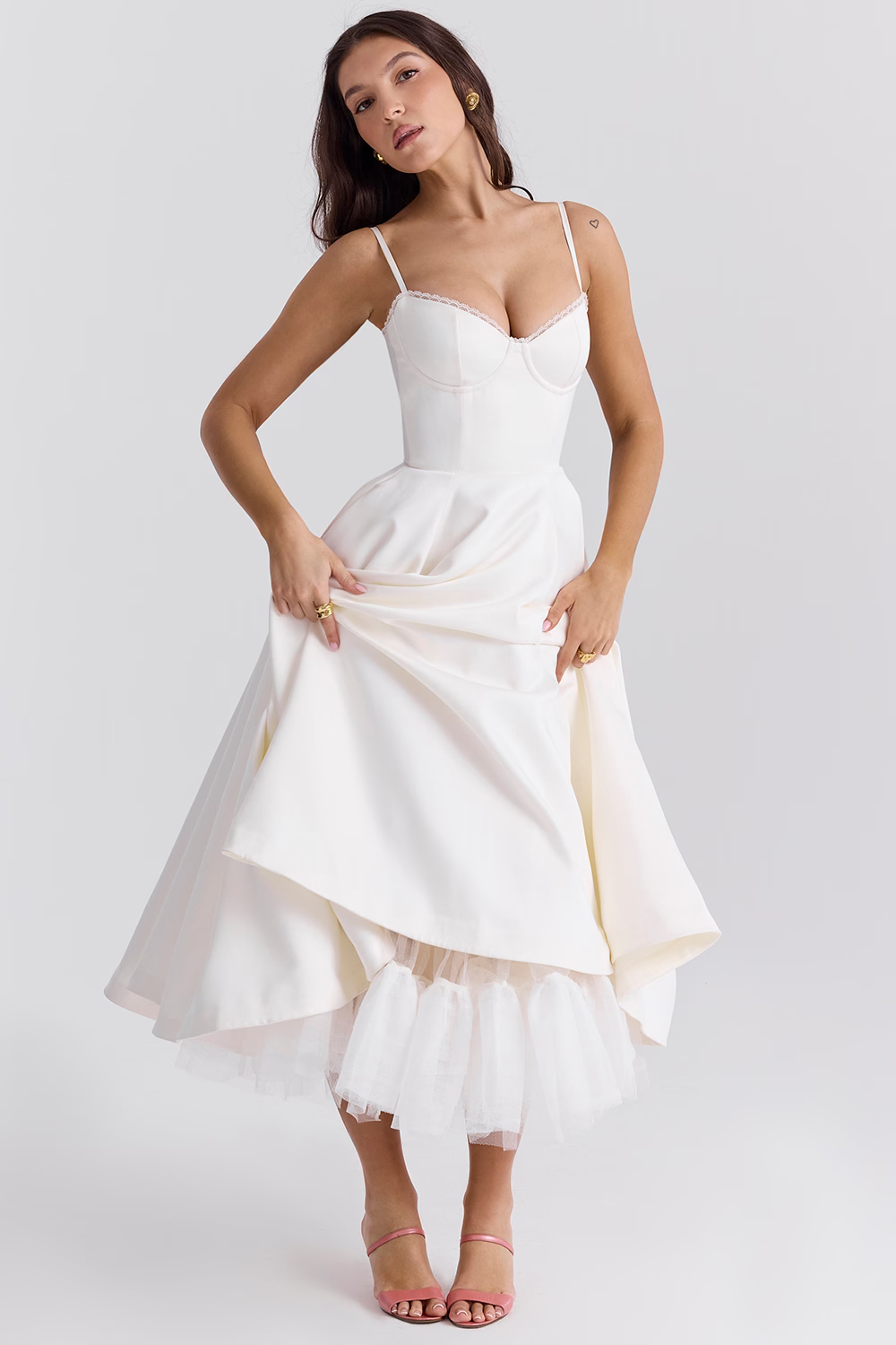 Robe midi en tulle à bretelles ajustables pour femme