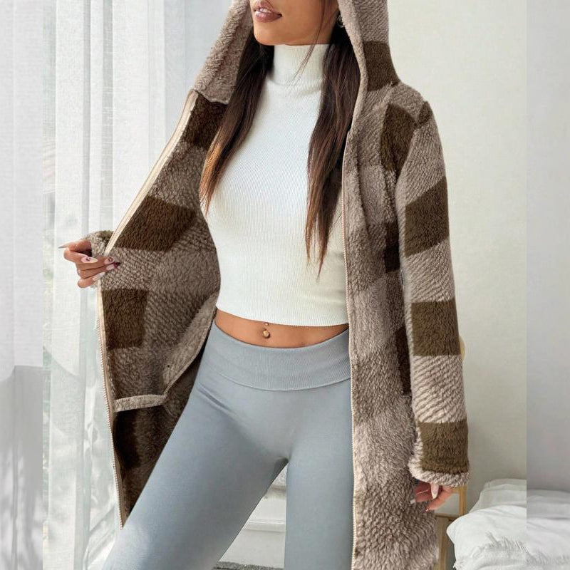 Veste Femme Longue À Carreaux Avec Capuche Intégrée