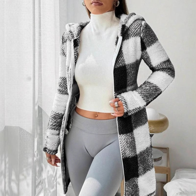 Veste Femme Longue À Carreaux Avec Capuche Intégrée