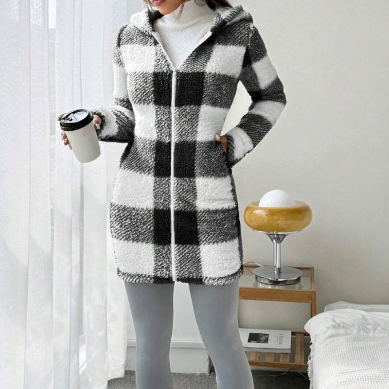 Veste Femme Longue À Carreaux Avec Capuche Intégrée