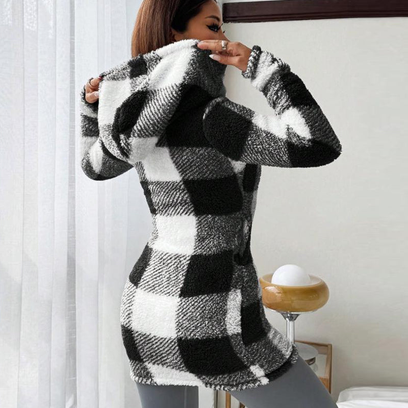 Veste Femme Longue À Carreaux Avec Capuche Intégrée