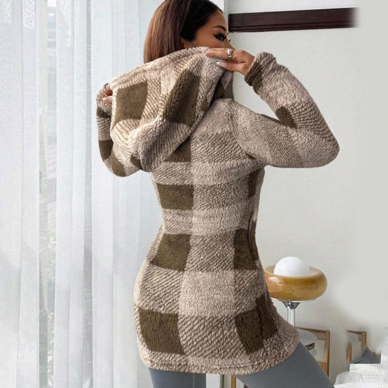 Veste Femme Longue À Carreaux Avec Capuche Intégrée