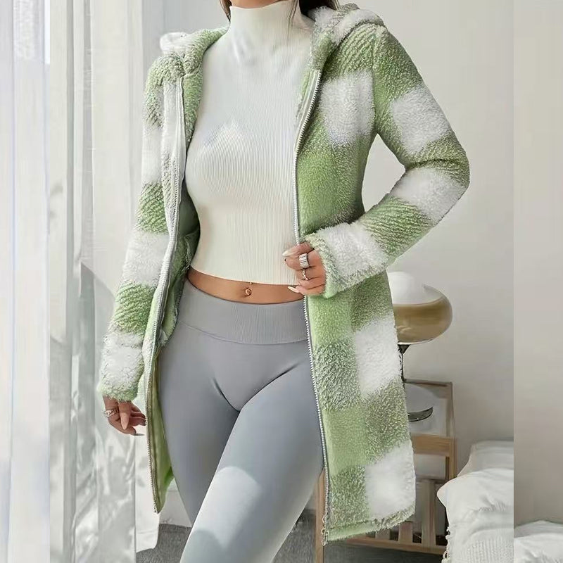 Veste Femme Longue À Carreaux Avec Capuche Intégrée