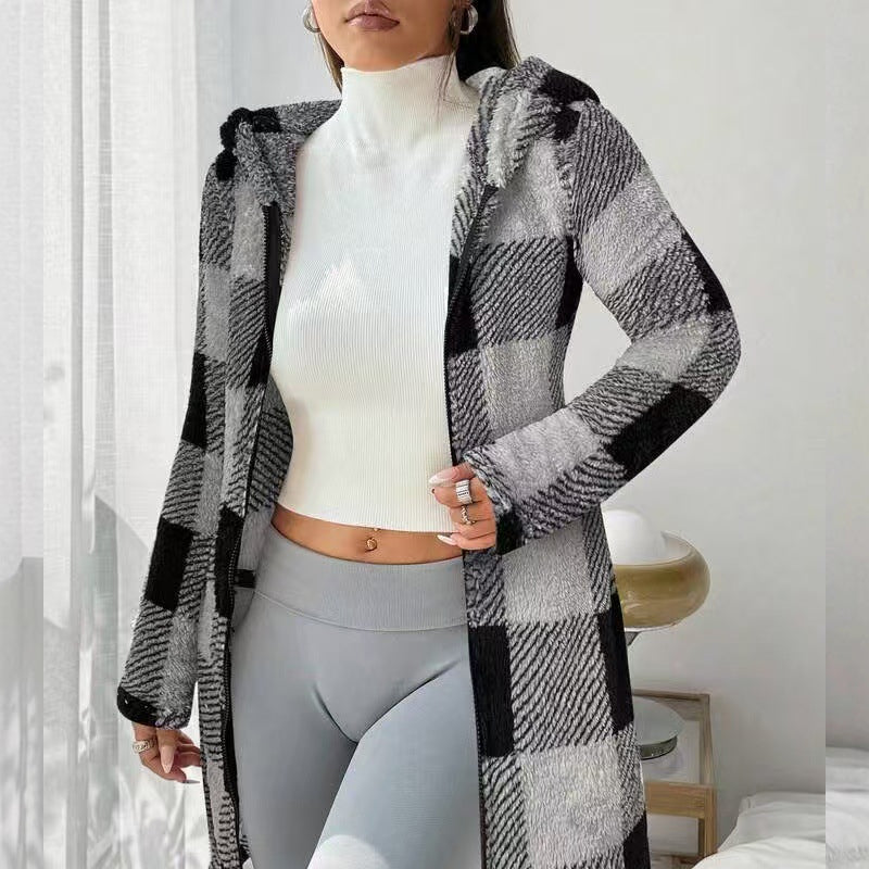 Veste Femme Longue À Carreaux Avec Capuche Intégrée