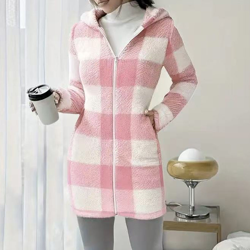 Veste Femme Longue À Carreaux Avec Capuche Intégrée