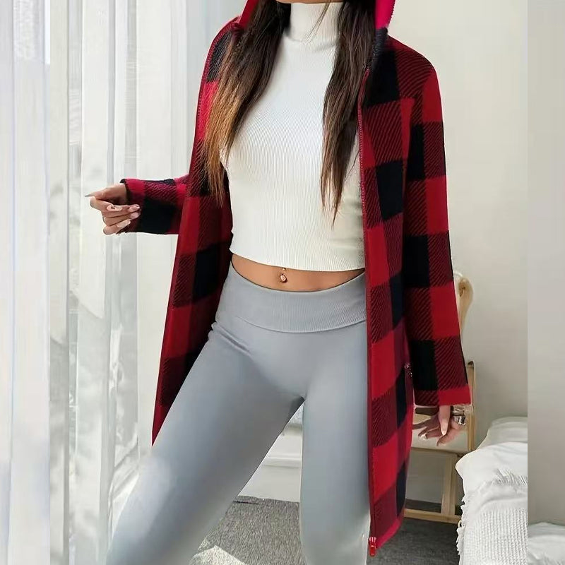 Veste Femme Longue À Carreaux Avec Capuche Intégrée