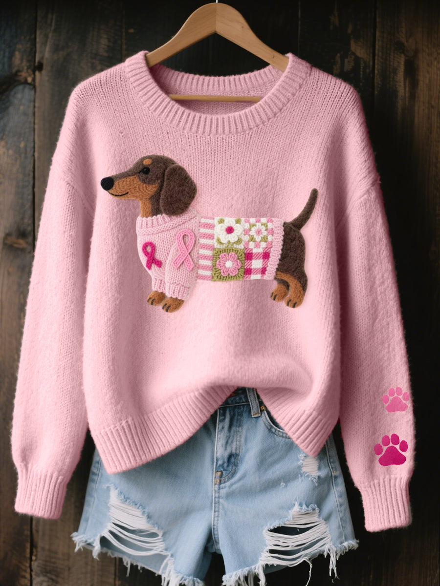 Pull Femme En Maille Douce À Motif Teckel Col Rond
