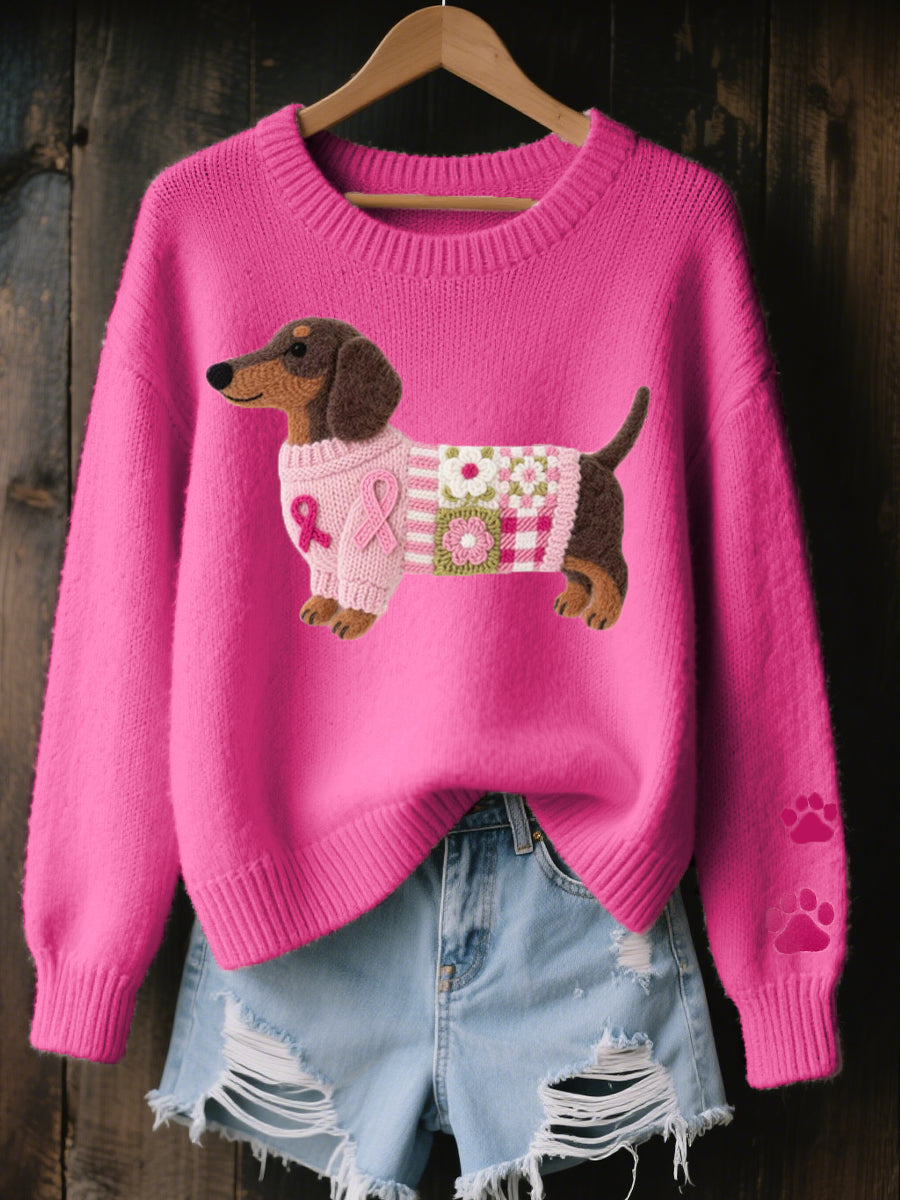 Pull Femme En Maille Douce À Motif Teckel Col Rond