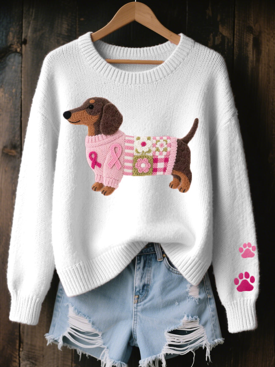 Pull Femme En Maille Douce À Motif Teckel Col Rond