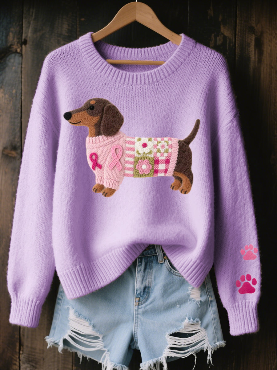 Pull Femme En Maille Douce À Motif Teckel Col Rond