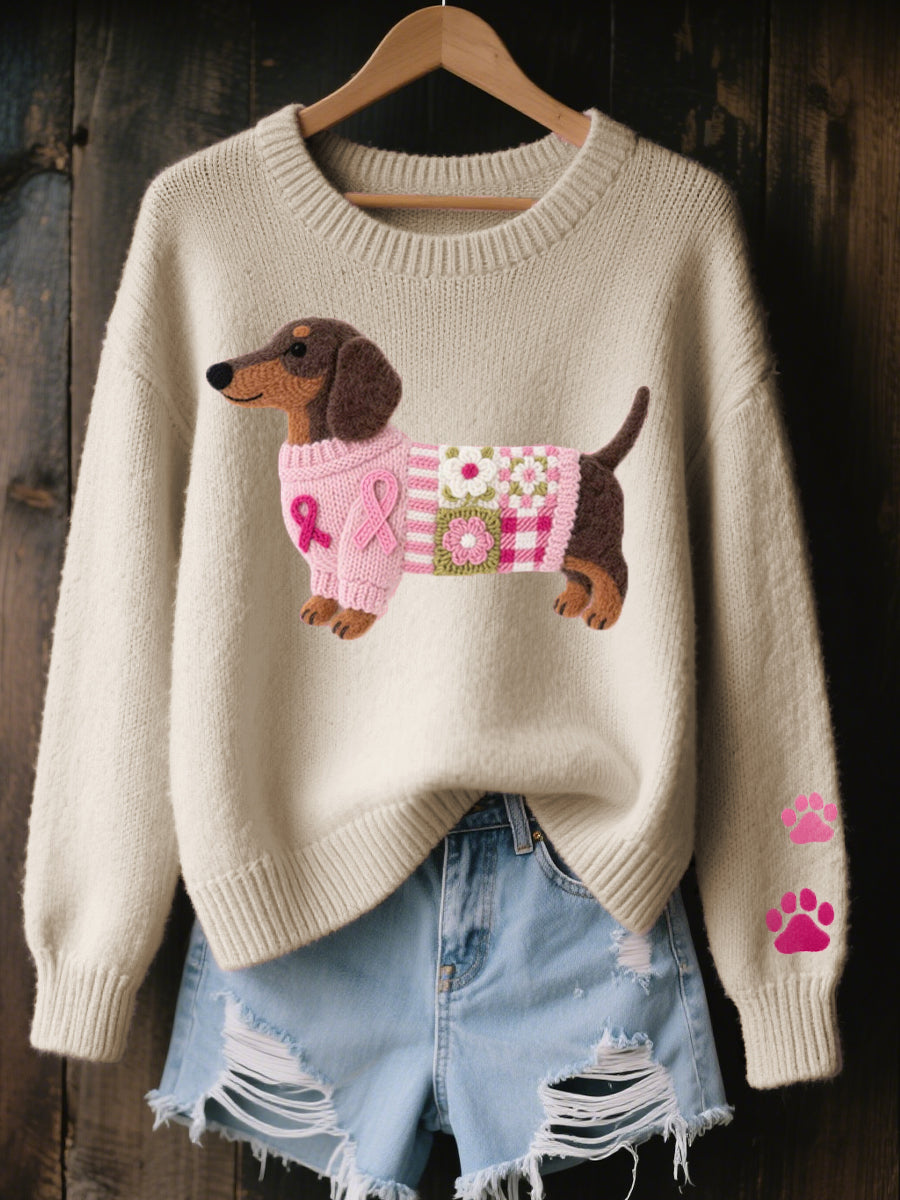 Pull Femme En Maille Douce À Motif Teckel Col Rond