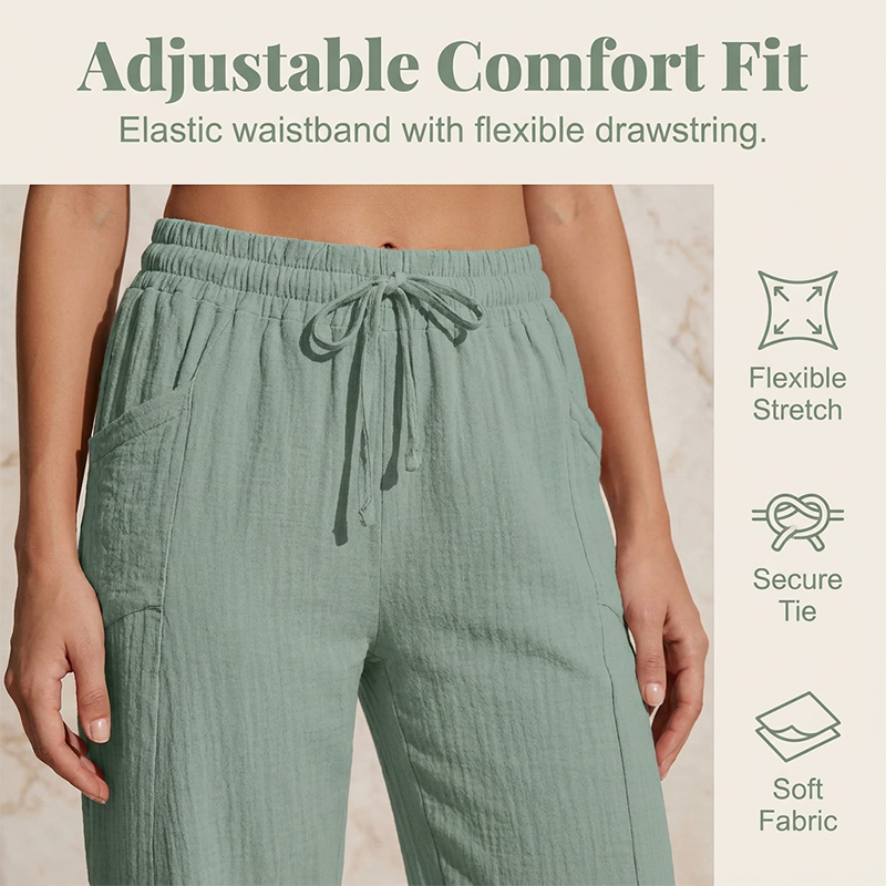 Pantalon Lin Femme Capri Coupe Ample Et Taille Élastique