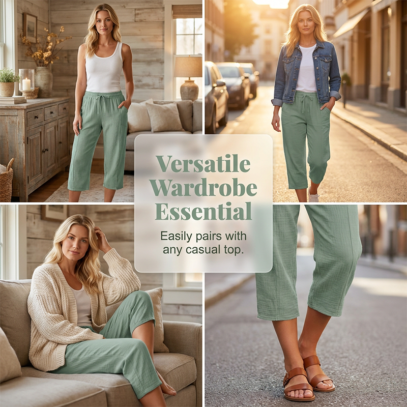 Pantalon Lin Femme Capri Coupe Ample Et Taille Élastique