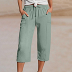 Pantalon Lin Femme Capri Coupe Ample Et Taille Élastique