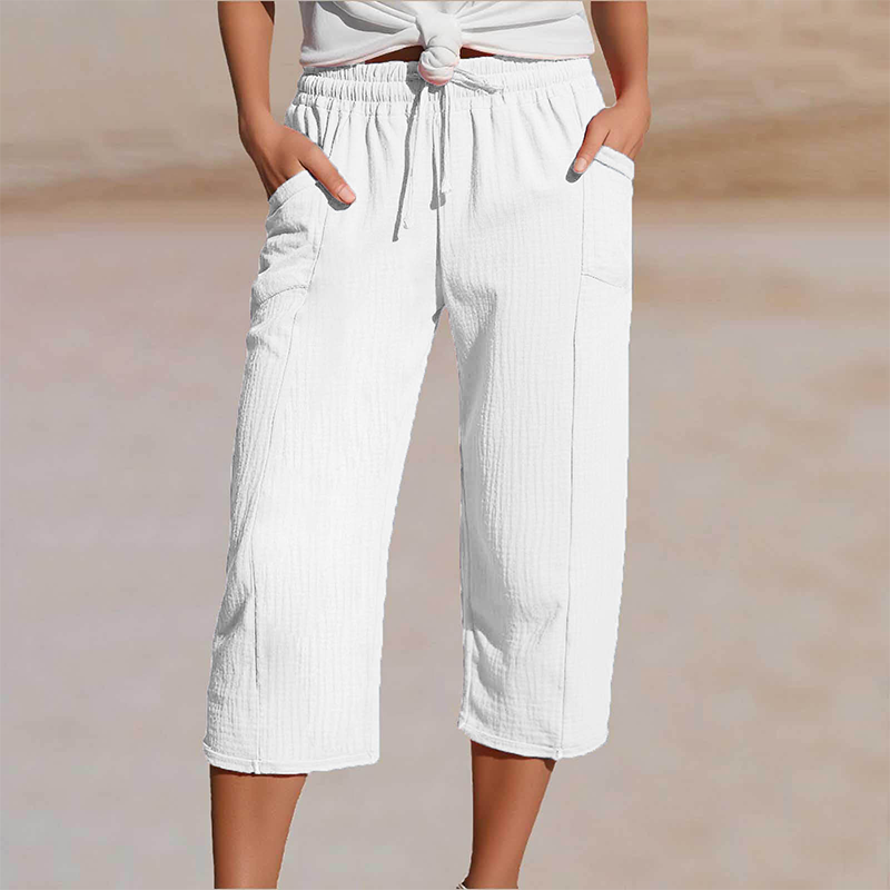 Pantalon Lin Femme Capri Coupe Ample Et Taille Élastique
