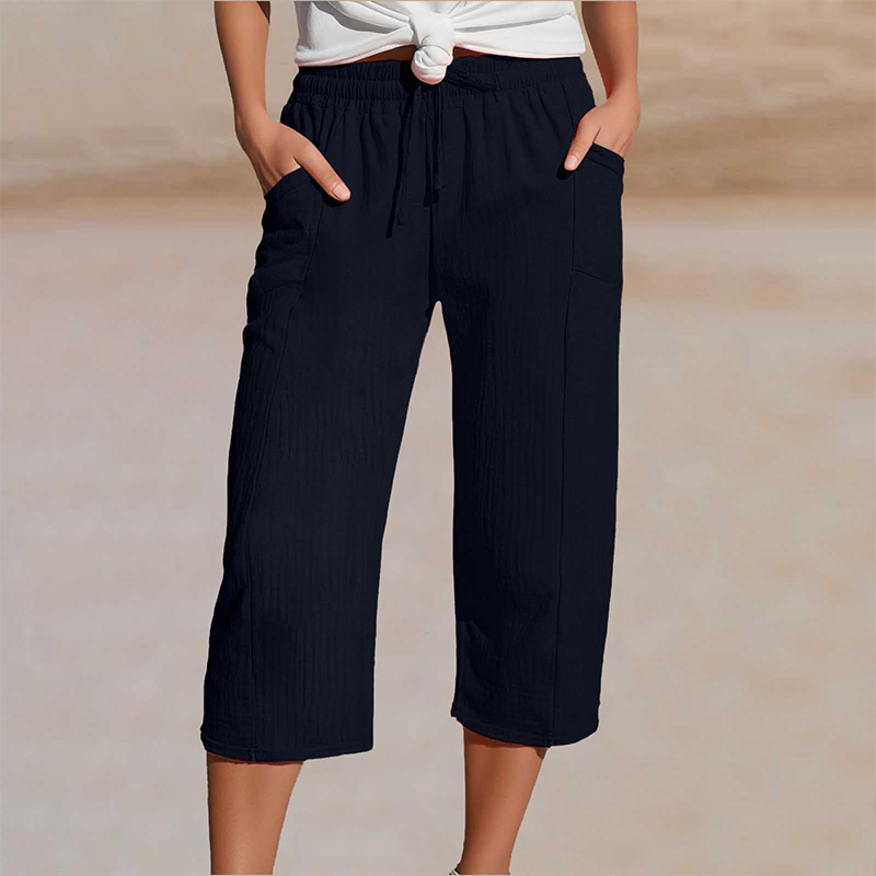 Pantalon Lin Femme Capri Coupe Ample Et Taille Élastique