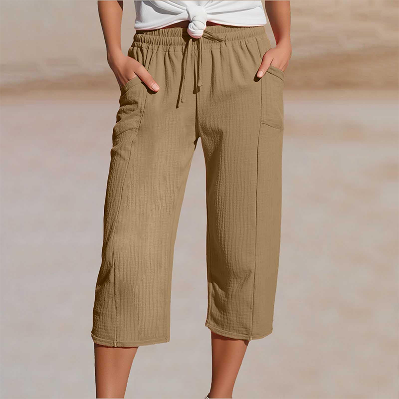 Pantalon Lin Femme Capri Coupe Ample Et Taille Élastique
