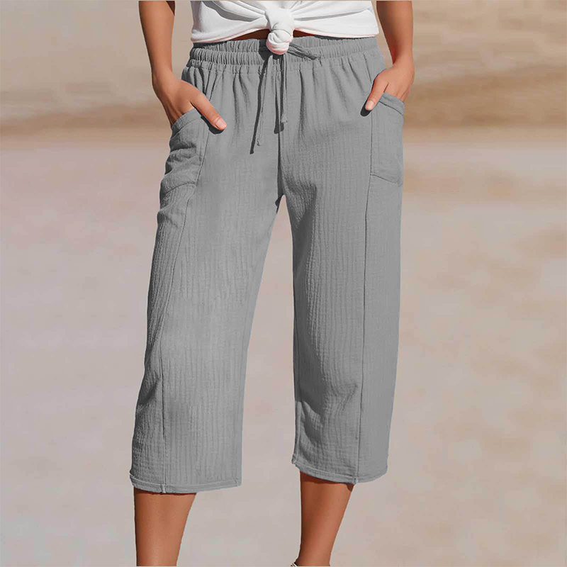 Pantalon Lin Femme Capri Coupe Ample Et Taille Élastique