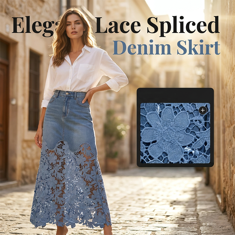 Jupe longue en denim taille haute à bordure de dentelle florale pour femme