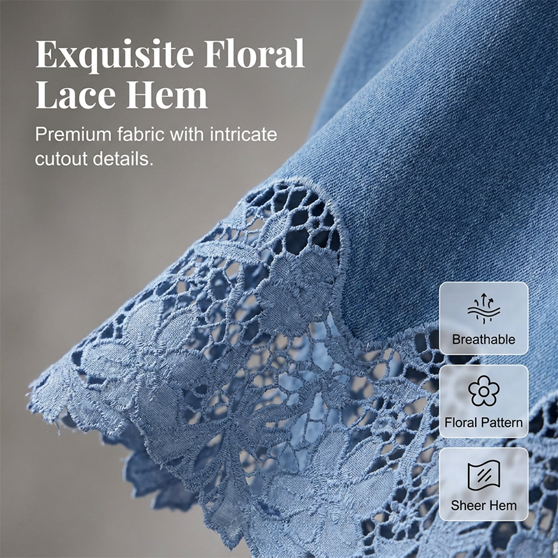 Jupe longue en denim taille haute à bordure de dentelle florale pour femme