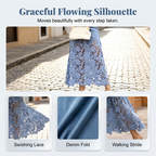 Jupe longue en denim taille haute à bordure de dentelle florale pour femme