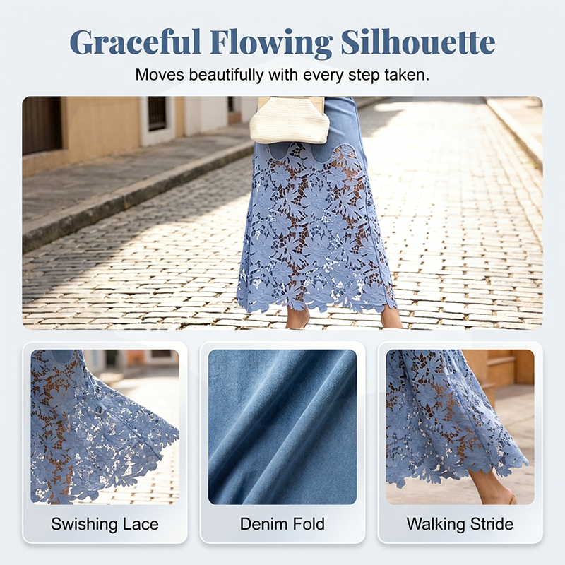 Jupe longue en denim taille haute à bordure de dentelle florale pour femme