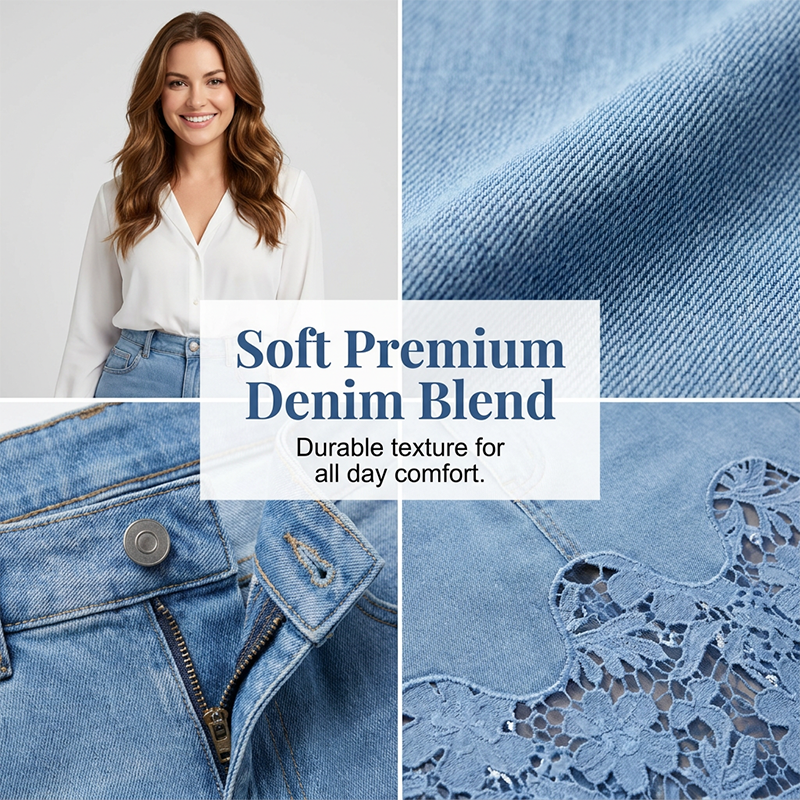 Jupe longue en denim taille haute à bordure de dentelle florale pour femme
