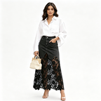 Jupe longue en denim taille haute à bordure de dentelle florale pour femme