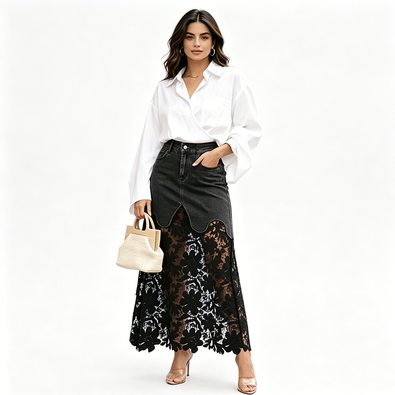 Jupe longue en denim taille haute à bordure de dentelle florale pour femme