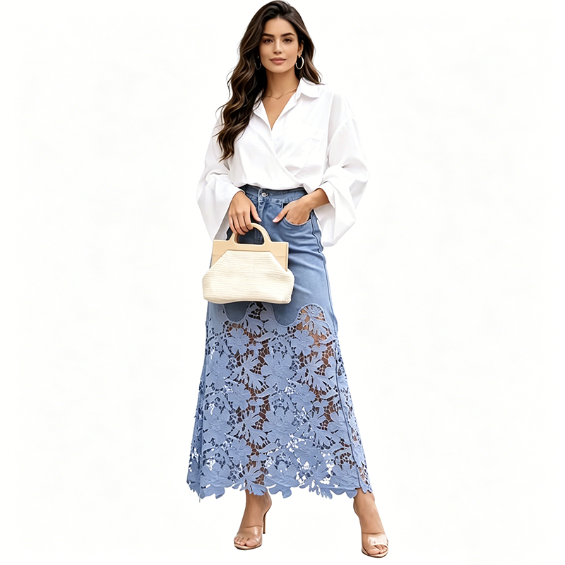 Jupe longue en denim taille haute à bordure de dentelle florale pour femme